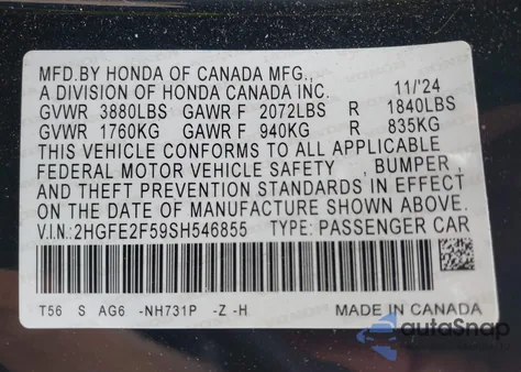 2025 Honda Civic Sport z USA, uszkodzony, nr VIN 2HGFE2F59SH546855